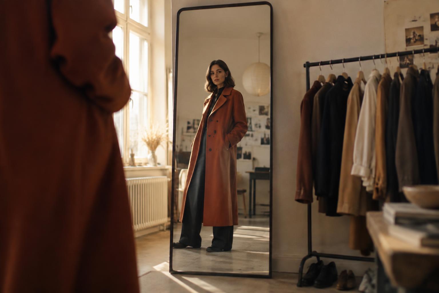 A person seeing a tailored coat on themselves in a full-length mirror